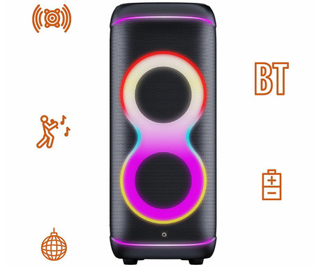 MANTA SPK806B300 ORION prenosni KARAOKE zvočnik, 300W RMS, BT 5.3, TWS, XBASS, Equalizer, polnilna baterija, DISCO RGB LED osvetlitev, USB / microSD / AUX / MIC-in, +mikrofon, +daljinec, črn
