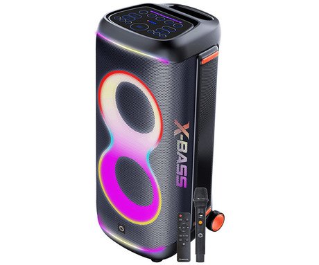 MANTA SPK806B300 ORION prenosni KARAOKE zvočnik, 300W RMS, BT 5.3, TWS, XBASS, Equalizer, polnilna baterija, DISCO RGB LED osvetlitev, USB / microSD / AUX / MIC-in, +mikrofon, +daljinec, črn