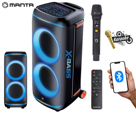 MANTA SPK1002B400 NOVA prenosni KARAOKE zvočnik, 400W RMS, BT 5.3, TWS, XBASS, Equalizer, polnilna baterija, DISCO RGB LED osvetlitev, USB / microSD / AUX / MIC-in, +mikrofon, +daljinec, črn