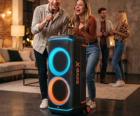 MANTA SPK1002B400 NOVA prenosni KARAOKE zvočnik, 400W RMS, BT 5.3, TWS, XBASS, Equalizer, polnilna baterija, DISCO RGB LED osvetlitev, USB / microSD / AUX / MIC-in, +mikrofon, +daljinec, črn