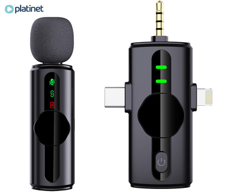PLATINET PLMM11 brezžični mikrofon, mini, lavalier, polnilna baterija, 2.4GHz sprejemnik, doseg do 20m, Plug & Play, CLIP-ON montaža, +polnilna postaja, USB Type-C / Lightning, črn