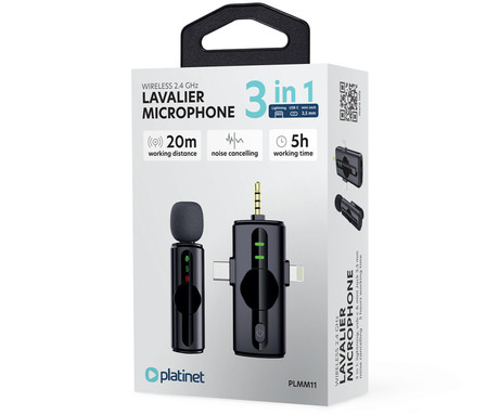 PLATINET PLMM11 brezžični mikrofon, mini, lavalier, polnilna baterija, 2.4GHz sprejemnik, doseg do 20m, Plug & Play, CLIP-ON montaža, +polnilna postaja, USB Type-C / Lightning, črn