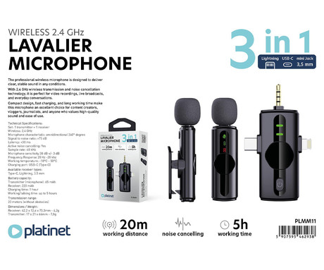 PLATINET PLMM11 brezžični mikrofon, mini, lavalier, polnilna baterija, 2.4GHz sprejemnik, doseg do 20m, Plug & Play, CLIP-ON montaža, +polnilna postaja, USB Type-C / Lightning, črn