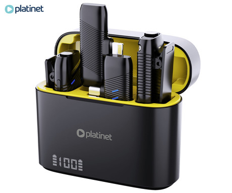 PLATINET PLMM30 2x brezžični mikrofon, mini, lavalier, polnilna baterija, 2.4GHz sprejemnik, doseg do 25m, Plug & Play, CLIP-ON montaža, +polnilna postaja, USB Type-C / Lightning, črn