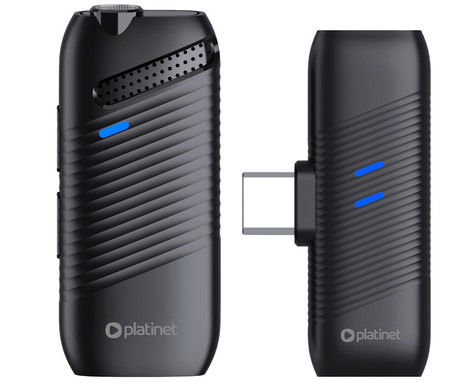 PLATINET PLMM30 2x brezžični mikrofon, mini, lavalier, polnilna baterija, 2.4GHz sprejemnik, doseg do 25m, Plug & Play, CLIP-ON montaža, +polnilna postaja, USB Type-C / Lightning, črn