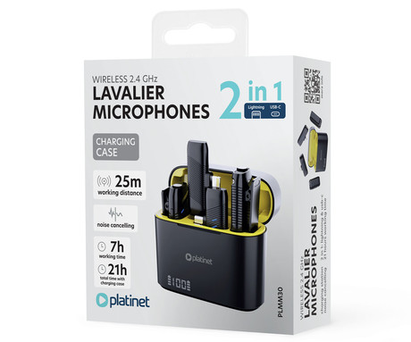 PLATINET PLMM30 2x brezžični mikrofon, mini, lavalier, polnilna baterija, 2.4GHz sprejemnik, doseg do 25m, Plug & Play, CLIP-ON montaža, +polnilna postaja, USB Type-C / Lightning, črn