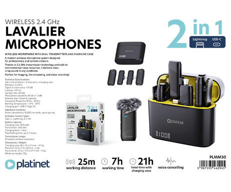 PLATINET PLMM30 2x brezžični mikrofon, mini, lavalier, polnilna baterija, 2.4GHz sprejemnik, doseg do 25m, Plug & Play, CLIP-ON montaža, +polnilna postaja, USB Type-C / Lightning, črn