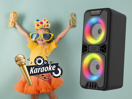 MANTA SPK816, Karaoke zvočni sistem, vgrajena baterija, Bluetooth 5.0, USB/AUX/MP3/TF/Radio, Disco LED lučke + mikrofon