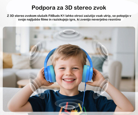 Blackview FITBUDS K1 otroške naglavne slušalke, nastavljive, zložljive, multifunkcijski gumb, klicanje, mikrofon, 2 načina BOOSTED/SAFE, 3.5mm jack, +adapter USB Type-C, roza (Rosy Pink)