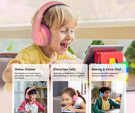 Blackview FITBUDS K1 otroške naglavne slušalke, nastavljive, zložljive, multifunkcijski gumb, klicanje, mikrofon, 2 načina BOOSTED/SAFE, 3.5mm jack, +adapter USB Type-C, roza (Rosy Pink)