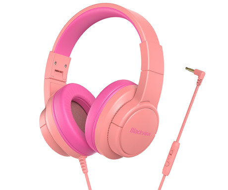 Blackview FITBUDS K1 otroške naglavne slušalke, nastavljive, zložljive, multifunkcijski gumb, klicanje, mikrofon, 2 načina BOOSTED/SAFE, 3.5mm jack, +adapter USB Type-C, roza (Rosy Pink)