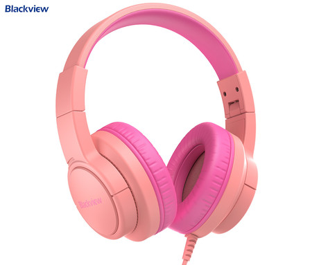 Blackview FITBUDS K1 otroške naglavne slušalke, nastavljive, zložljive, multifunkcijski gumb, klicanje, mikrofon, 2 načina BOOSTED/SAFE, 3.5mm jack, +adapter USB Type-C, roza (Rosy Pink)