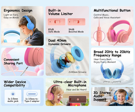 Blackview FITBUDS K1 otroške naglavne slušalke, nastavljive, zložljive, multifunkcijski gumb, klicanje, mikrofon, 2 načina BOOSTED/SAFE, 3.5mm jack, +adapter USB Type-C, roza (Rosy Pink)