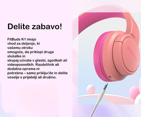 Blackview FITBUDS K1 otroške naglavne slušalke, nastavljive, zložljive, multifunkcijski gumb, klicanje, mikrofon, 2 načina BOOSTED/SAFE, 3.5mm jack, +adapter USB Type-C, roza (Rosy Pink)