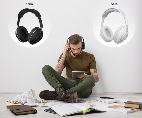TREVI DJ 12E42 BT brezžične naglavne slušalke, Bluetooth 5.3, polnilna baterija, mikrofon, telefoniranje, gumbi za upravljanje, USB Type-C, AUX, bele