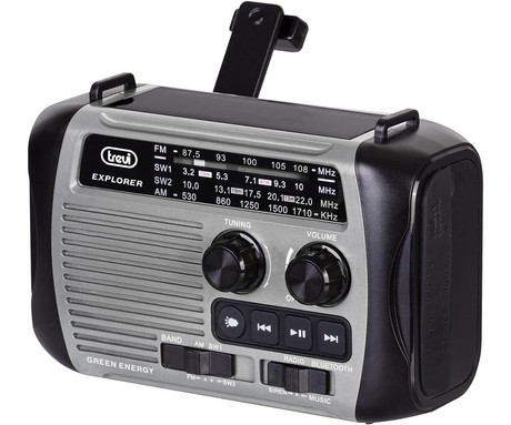 TREVI RA 7F30 BT DYNAMO radijski sprejemnik, 3v1, FM Radio, zvočnik, teleskopska antena, polnilna baterija, solarni panel, LED svetilka, retro izgled, prenosen, FM / AM / SW, USB, microSD, sivo-črn
