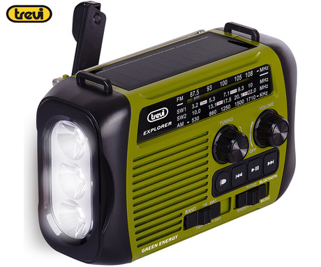 TREVI RA 7F30 BT DYNAMO radijski sprejemnik, 3v1, FM Radio, zvočnik, teleskopska antena, polnilna baterija, solarni panel, LED svetilka, retro izgled, prenosen, FM / AM / SW, USB, microSD, zeleno-črn