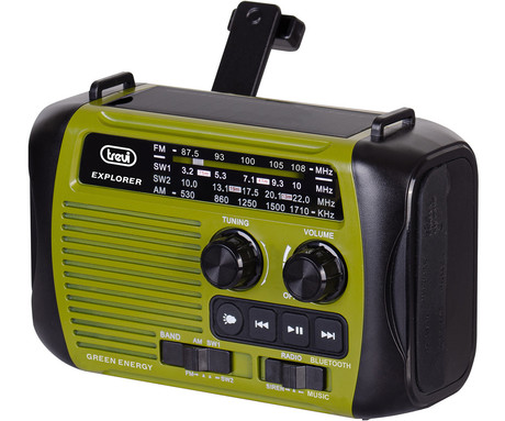 TREVI RA 7F30 BT DYNAMO radijski sprejemnik, 3v1, FM Radio, zvočnik, teleskopska antena, polnilna baterija, solarni panel, LED svetilka, retro izgled, prenosen, FM / AM / SW, USB, microSD, zeleno-črn