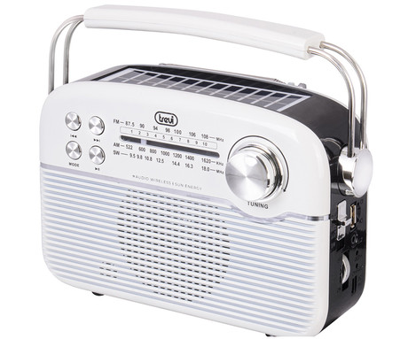 TREVI RA 7F50 BT radijski sprejemnik, FM Radio, zvočnik, teleskopska antena, polnilna baterija, solarni panel, retro izgled, prenosen, FM / AM / SW, AUX, USB, microSD, črno bel (Inkwave White)