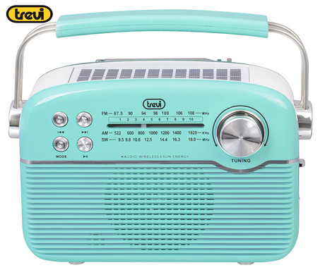 TREVI RA 7F50 BT radijski sprejemnik, FM Radio, zvočnik, teleskopska antena, polnilna baterija, solarni panel, retro izgled, prenosen, FM / AM / SW, AUX, USB, microSD, zeleno bel (Tiffany Green)