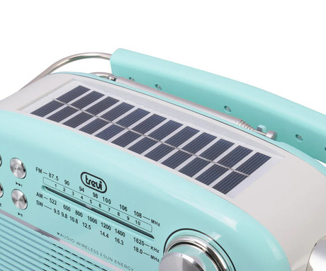 TREVI RA 7F50 BT radijski sprejemnik, FM Radio, zvočnik, teleskopska antena, polnilna baterija, solarni panel, retro izgled, prenosen, FM / AM / SW, AUX, USB, microSD, zeleno bel (Tiffany Green)