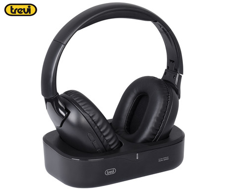 TREVI FRS 1490 RW brezžične TV naglavne slušalke, Hi-Fi priključek, 2.4GHz WIFI sprejemnik, domet 20m, polnilna baterija, polnilna postaja, samodejni izklop, 3.5mm minijack, črne