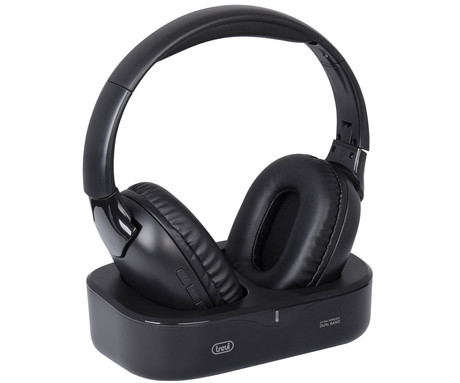 TREVI FRS 1490 RW brezžične TV naglavne slušalke, Hi-Fi priključek, 2.4GHz WIFI sprejemnik, domet 20m, polnilna baterija, polnilna postaja, samodejni izklop, 3.5mm minijack, črne