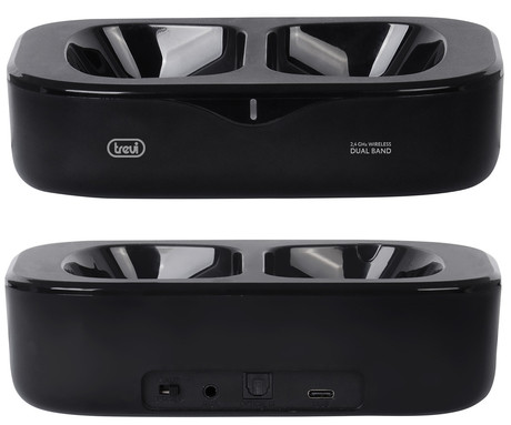 TREVI FRS 1490 RW brezžične TV naglavne slušalke, Hi-Fi priključek, 2.4GHz WIFI sprejemnik, domet 20m, polnilna baterija, polnilna postaja, samodejni izklop, 3.5mm minijack, črne