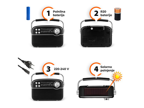 EOL - MANTA RDI916 SOLAR, Radio FM/AW/SW, Bluetooth 5.0, USB/AUX-in/McorSD, vgrajena baterija + SOLARNO napajanje, Retro