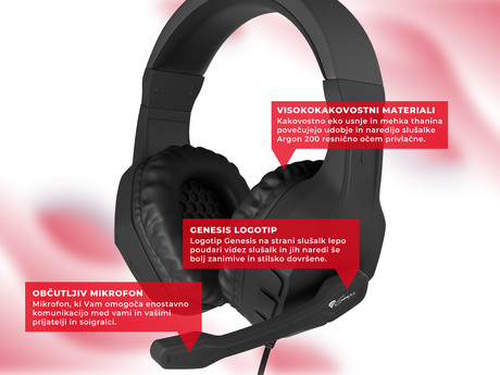 GENESIS Argon 200 Gaming naglavne slušalke z mikrofonom, STEREO 2.0, LED osvetlitev, pleten kabel, črne