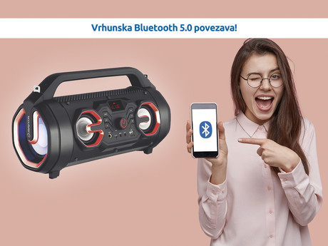 EOL - MANTA Boombox karaoke SPK206, Bluetooth 5.0, USB/AUX/Radio FM, vgrajena baterija, 18W RMS, funkcija power bank