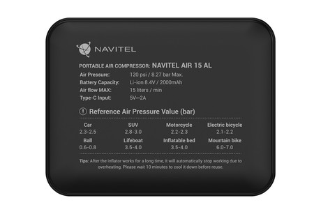 NAVITEL AIR 15 AL brezžična zračna tlačilka, 120PSI/8.27bar, polnilna baterija, zaslon, merilnik tlaka, LED svetilka, 4 adapterji, + torba