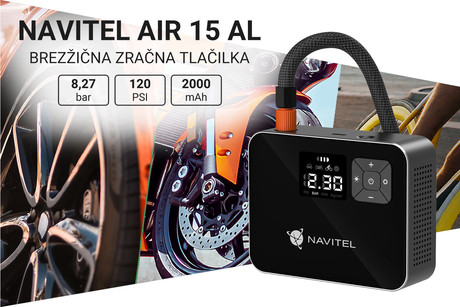 NAVITEL AIR 15 AL brezžična zračna tlačilka, 120PSI/8.27bar, polnilna baterija, zaslon, merilnik tlaka, LED svetilka, 4 adapterji, + torba