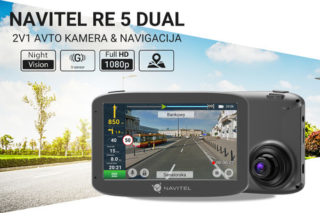 NAVITEL RE 5 DUAL avto kamera in navigacija, 2v1, Full HD, Night Vision, GPS, G-senzor, 5" zaslon, 140° snemalni kot, darilni bon, siva