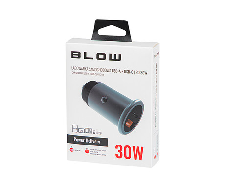 BLOW 75-726 avto polnilec, 30W, 12-24V, USB Type-A, USB Type-C, prenapetostna zaščita, črn