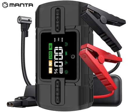 MANTA MAJS001AP 4V1 powerbank polnilna baterija, zagonska baterija / jump starter, brezžična zračna tlačilka / kompresor, LED luč, 12000mAh, 1200A, 150PSI/10.3bar, LCD zaslon, 12V adapter, USB Type-C