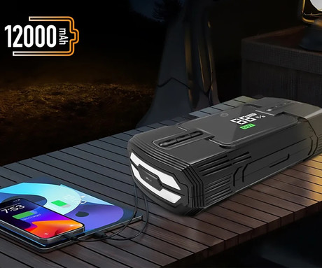 MANTA MAJS001AP 4V1 powerbank polnilna baterija, zagonska baterija / jump starter, brezžična zračna tlačilka / kompresor, LED luč, 12000mAh, 1200A, 150PSI/10.3bar, LCD zaslon, 12V adapter, USB Type-C