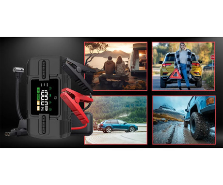MANTA MAJS001AP 4V1 powerbank polnilna baterija, zagonska baterija / jump starter, brezžična zračna tlačilka / kompresor, LED luč, 12000mAh, 1200A, 150PSI/10.3bar, LCD zaslon, 12V adapter, USB Type-C