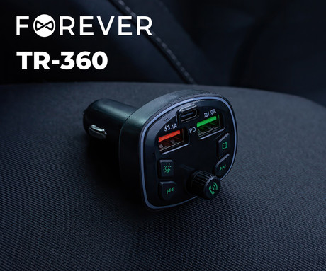 FOREVER TR-360 FM oddajnik / transmitter, Bluetooth, LED zaslon, prostoročno telefoniranje, 2x USB-A, 1x USB-C, MP3/WMA, črn