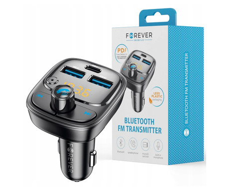 FOREVER TR-370 FM oddajnik / transmitter, Bluetooth, LED zaslon, prostoročno telefoniranje, 2x USB-A, 1x USB-C, MP3/WMA/FLAC/WAV, črn