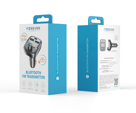 FOREVER TR-370 FM oddajnik / transmitter, Bluetooth, LED zaslon, prostoročno telefoniranje, 2x USB-A, 1x USB-C, MP3/WMA/FLAC/WAV, črn