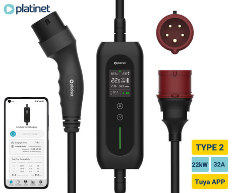 PLATINET PPCW5M22 pametni EV električni polnilec, prenosni, 22kW, 32A, TYPE 2, 5m, 3-fazni, aplikacija Tuya Smart, WIFI, Bluetooth, za električna / hibridna vozila, LCD zaslon, +torba