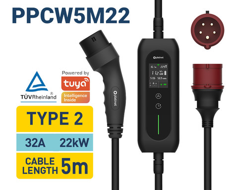PLATINET PPCW5M22 pametni EV električni polnilec, prenosni, 22kW, 32A, TYPE 2, 5m, 3-fazni, aplikacija Tuya Smart, WIFI, Bluetooth, za električna / hibridna vozila, LCD zaslon, +torba