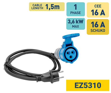 PLATINET EZ5310 prenosni adapter za polnjenje / napajanje, za avtodom / kombi / prikolico, 3.6kW, 16A, SCHUKO, 150cm, 1-fazni CEE BLUE, Plug&Play, IP44, črn