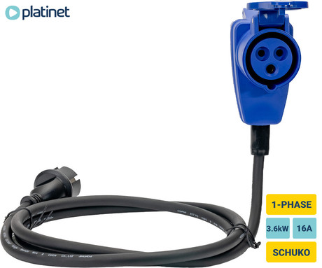 PLATINET EZ38 prenosni adapter za polnjenje / napajanje, za avtodom / kombi / prikolico, 3.6kW, 16A, SCHUKO, 150cm, 1-fazni CEE BLUE, Plug&Play, IP44, črn