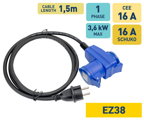 PLATINET EZ38 prenosni adapter za polnjenje / napajanje, za avtodom / kombi / prikolico, 3.6kW, 16A, SCHUKO, 150cm, 1-fazni CEE BLUE, Plug&Play, IP44, črn