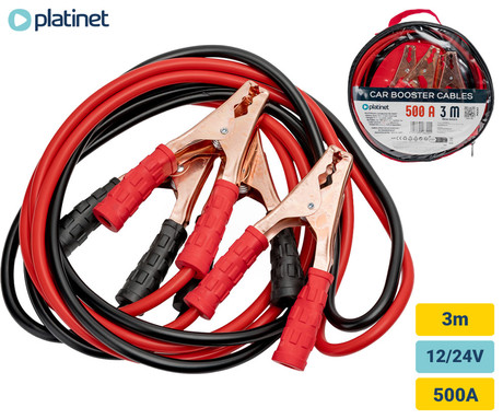 PLATINET PCCA3 vžigalni / jump starter kabli, 500A, 3m, za zagon avtomobilov / kombijev, za 12V / 24V sisteme, izolirane sponke / kleme, prožni kabel, odpornost na mraz, +torba, črno rdeči