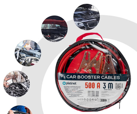 PLATINET PCCA3 vžigalni / jump starter kabli, 500A, 3m, za zagon avtomobilov / kombijev, za 12V / 24V sisteme, izolirane sponke / kleme, prožni kabel, odpornost na mraz, +torba, črno rdeči
