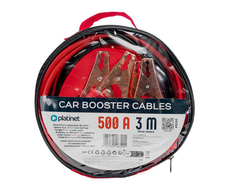 PLATINET PCCA3 vžigalni / jump starter kabli, 500A, 3m, za zagon avtomobilov / kombijev, za 12V / 24V sisteme, izolirane sponke / kleme, prožni kabel, odpornost na mraz, +torba, črno rdeči