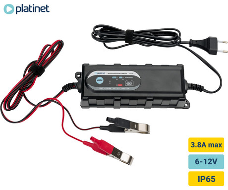 PLATINET PCBC38 pametni polnilec / vzdrževalec akumulatorja, 6V/12V, 1A/3.8A, 6-stopenjski, za vse vrste baterij / akumulatorjev, vgrajen mikroprocesor, LED indikatorji, IP65 vodoodpornost, črn